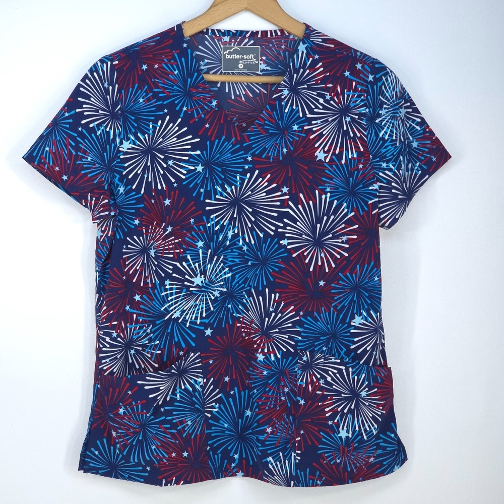 Butter-Soft Stretch Patriotic Scrub Top Womens Medium Medical Professional Nurse